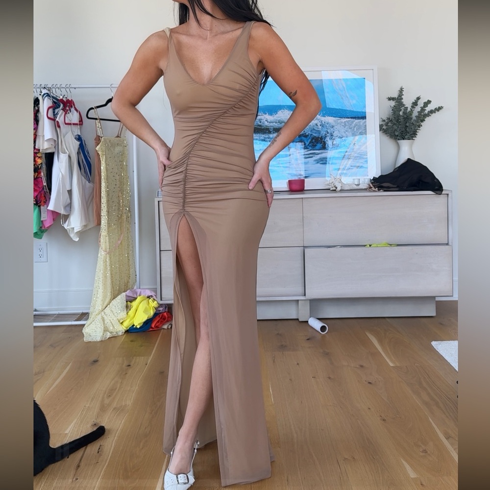 Michael Costello Tan Misha Maxi Dress with Slit